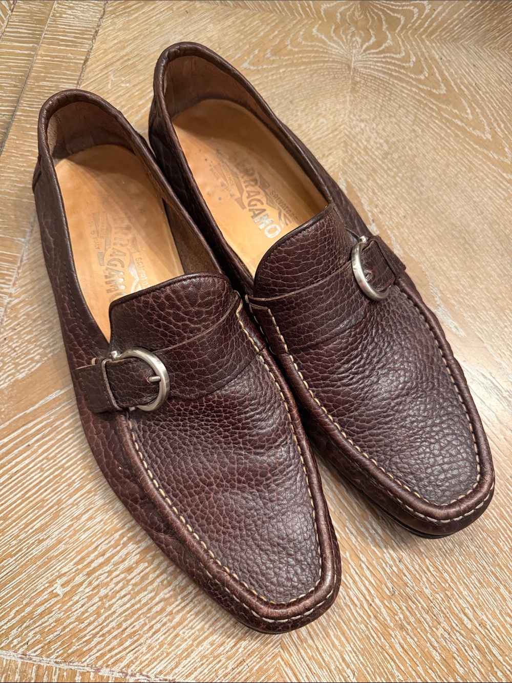 Salvatore Ferragamo Dark Brown Pebbled Leather Buckle Loafers 11